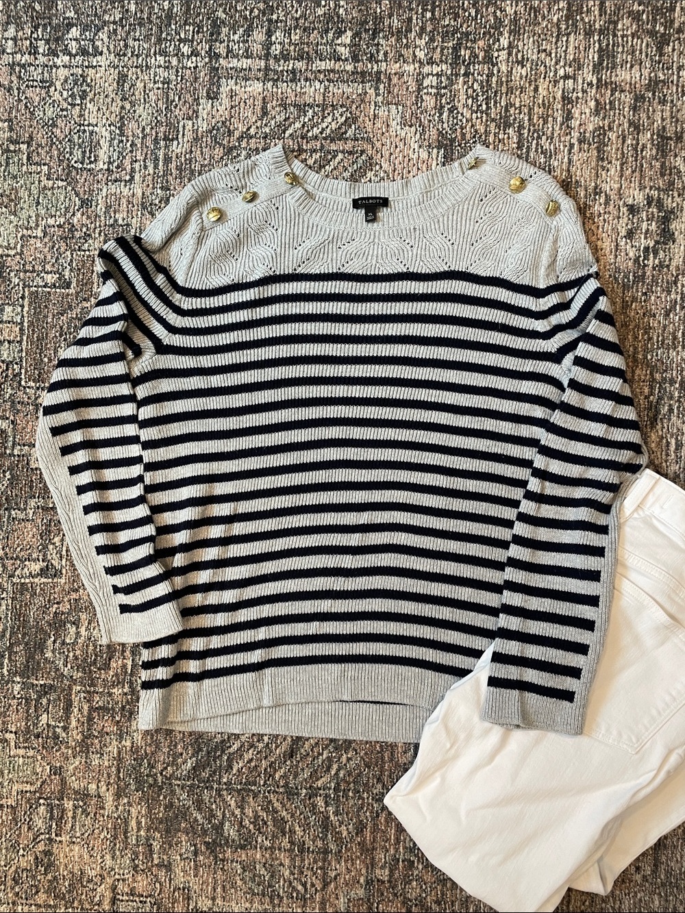 Talbots Nautical Stripe Sweater XL Navy Gray Cotton Knit Coastal Button Shoulder - Picture 1 of 7